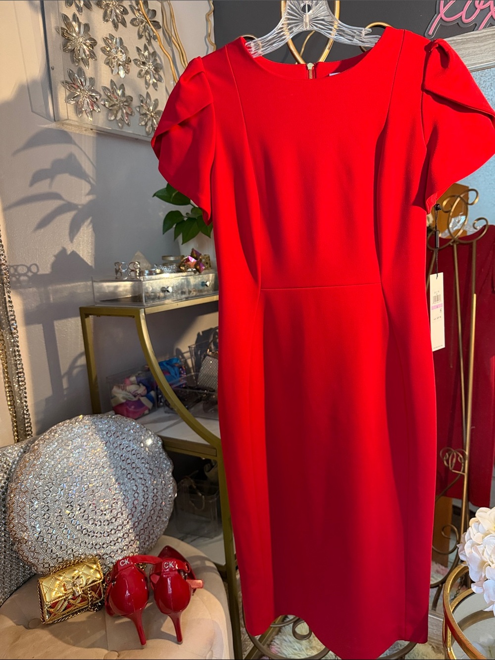 Calvin Klein Red Midi Sheath Dress with Puff Shoulders